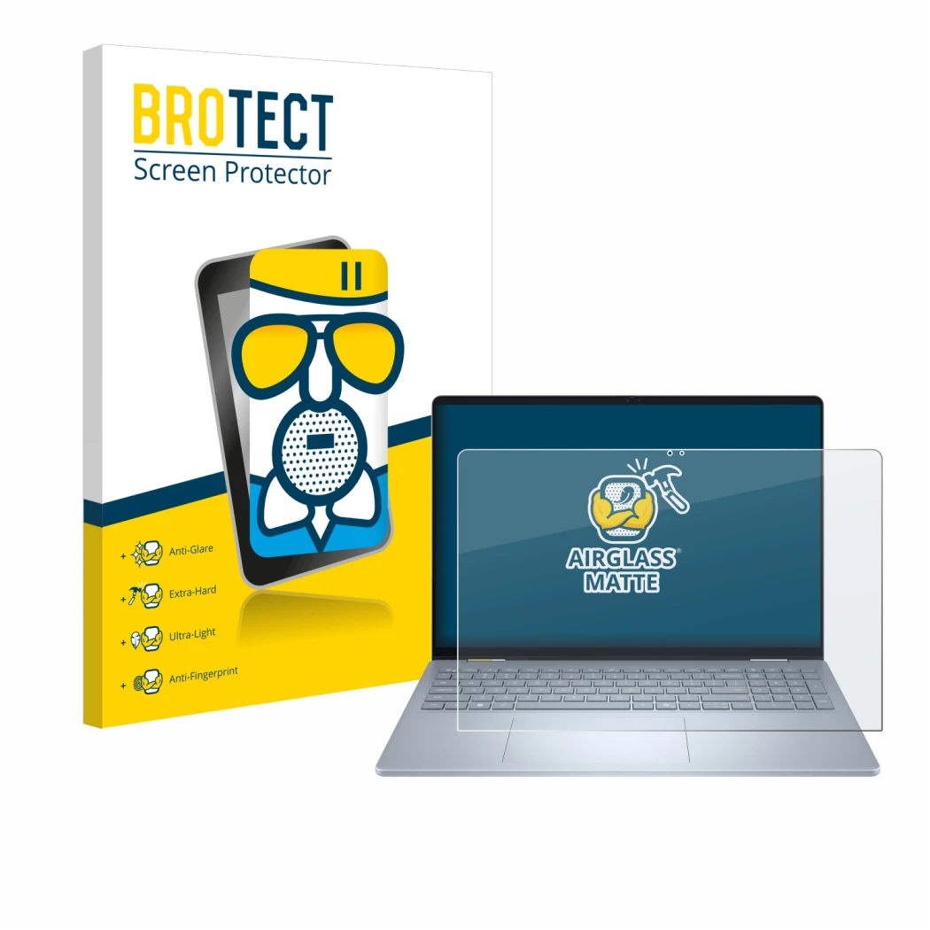 Vorderseite einer Produktverpackung mit dem Markenlogo BROTECT. Daneben ist das Gerät Dell 16 Plus-2-in-1 mit dem zugehörigen 