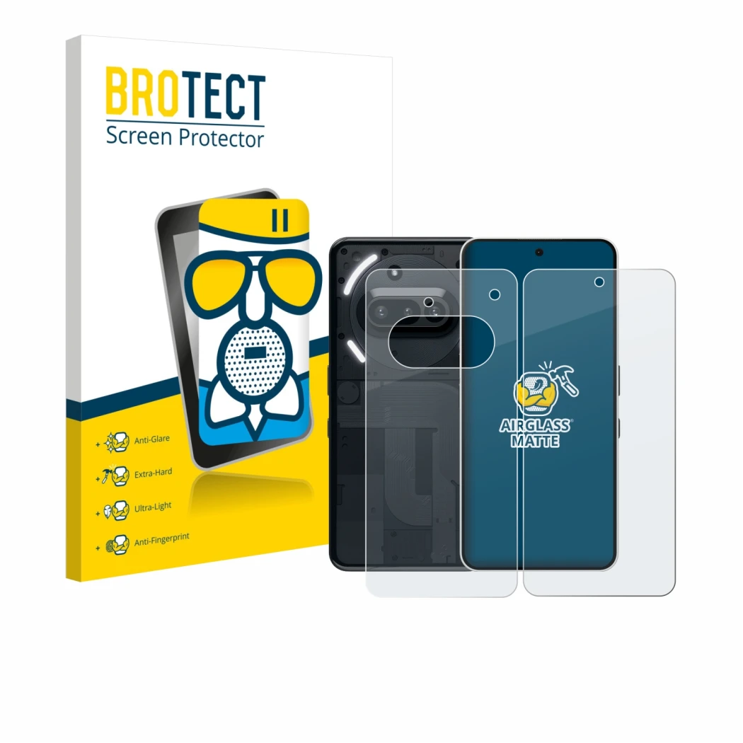 Vorderseite einer Produktverpackung mit dem Markenlogo BROTECT. Daneben ist das Gerät Nothing Phone (3a) (Display+Rückseite) m