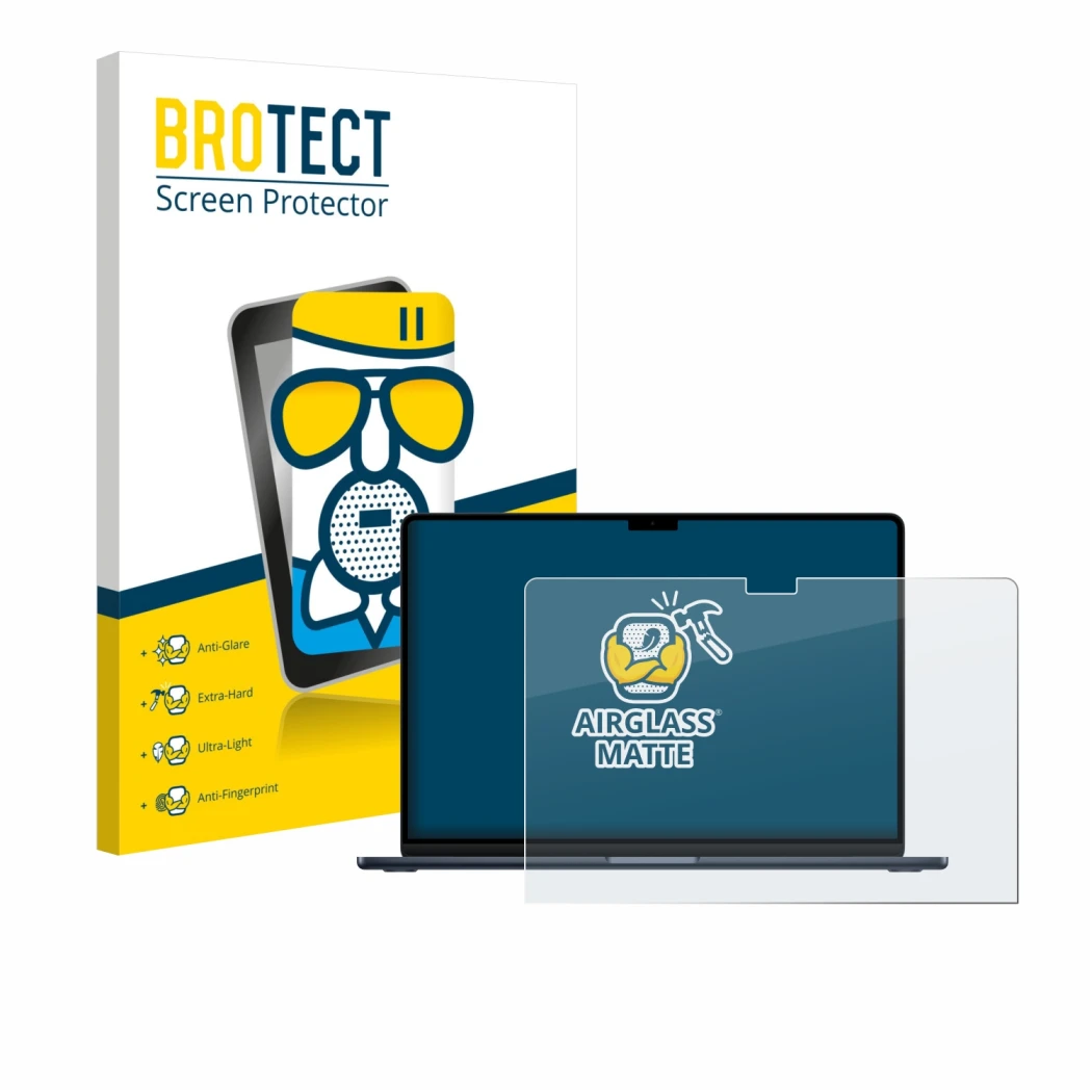 Vorderseite einer Produktverpackung mit dem Markenlogo BROTECT. Daneben ist das Gerät Apple MacBook Air 15