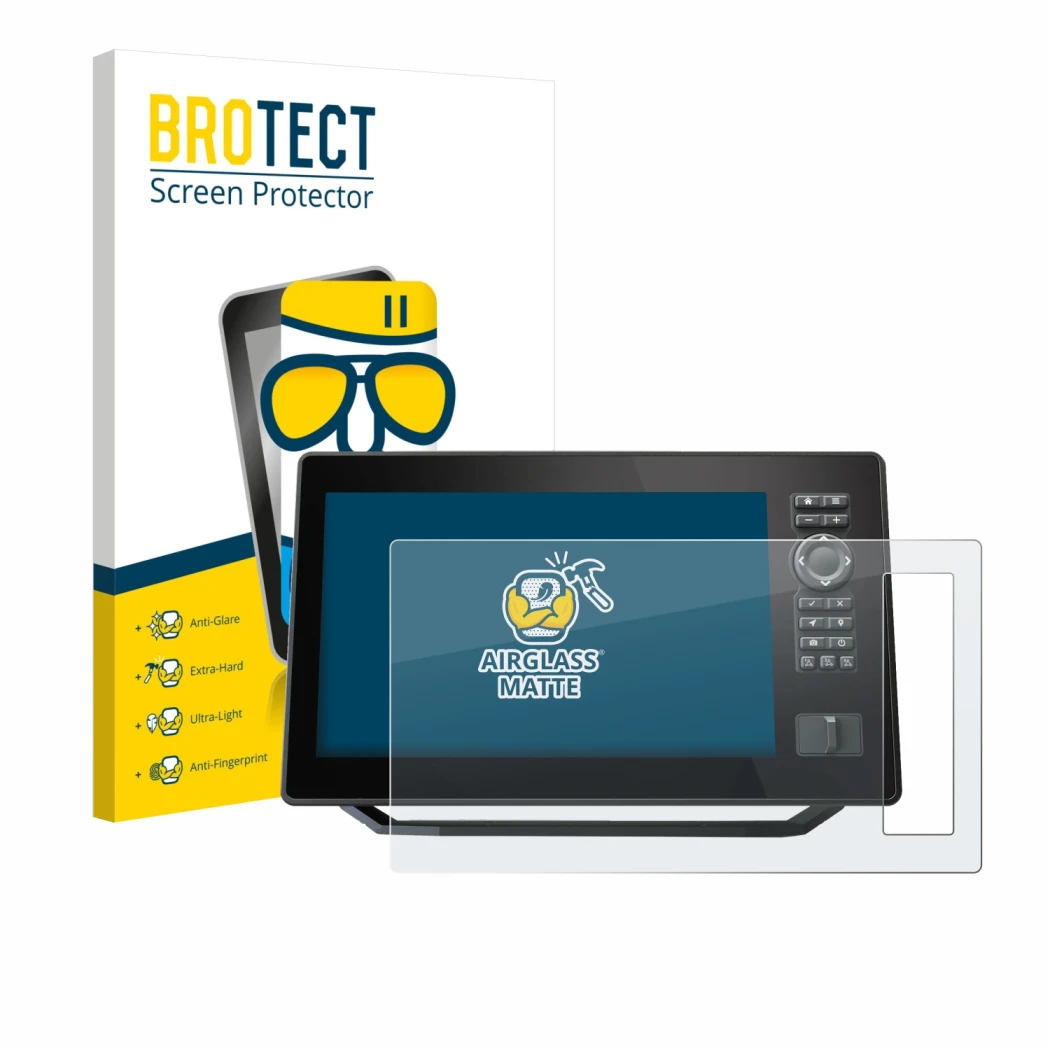 Vorderseite einer Produktverpackung mit dem Markenlogo BROTECT. Daneben ist das Gerät Humminbird Xplore 10 mit dem zugehörigen