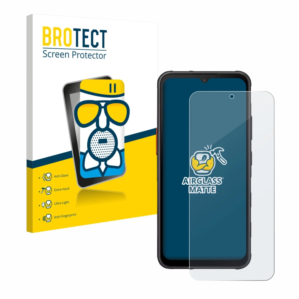 Vorderseite einer Produktverpackung mit dem Markenlogo BROTECT. Daneben ist das Gerät Samsung Galaxy XCover 7 Pro mit dem zuge
