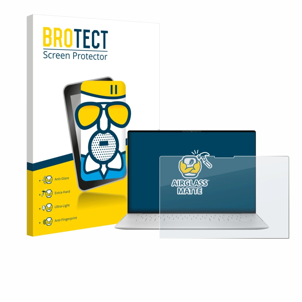 Vorderseite einer Produktverpackung mit dem Markenlogo BROTECT. Daneben ist das Gerät Dell XPS 13 9350 2024 mit dem zugehörige