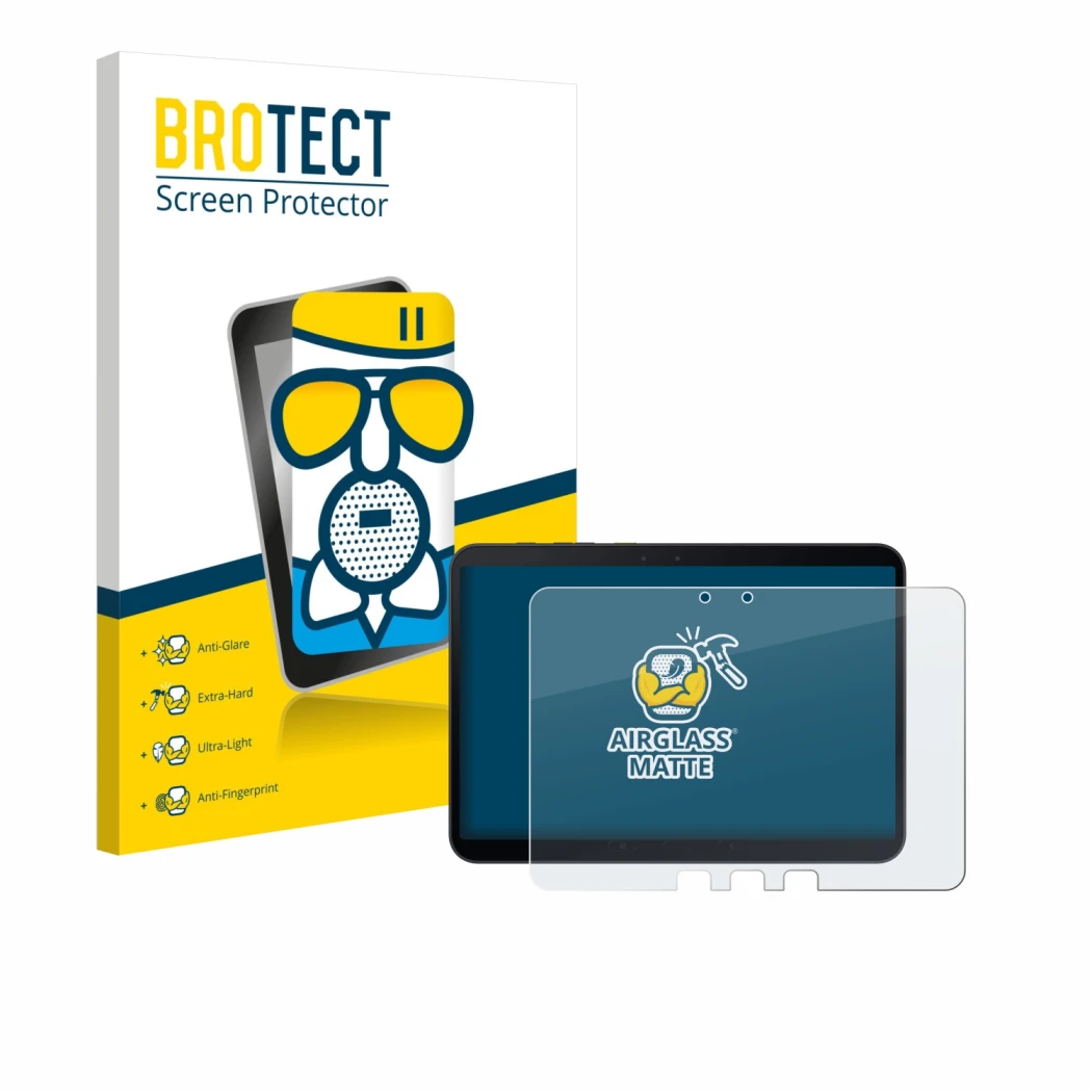 Vorderseite einer Produktverpackung mit dem Markenlogo BROTECT. Daneben ist das Gerät Samsung Galaxy Tab Active 5 Pro mit dem 