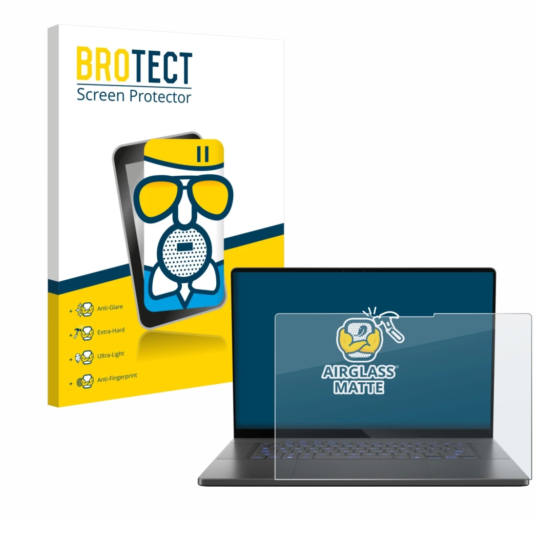 Vorderseite einer Produktverpackung mit dem Markenlogo BROTECT. Daneben ist das Gerät ASUS ROG Zephyrus G16 2025 mit dem zugeh