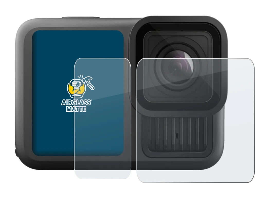 Abbildung des Geräts GoPro Hero 13 Black Ultra Wide Edition mit einer Vielzahl des Displayschutzes.