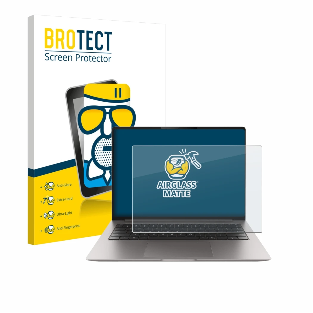 Vorderseite einer Produktverpackung mit dem Markenlogo BROTECT. Daneben ist das Gerät Honor MagicBook Pro 14 mit dem zugehörig