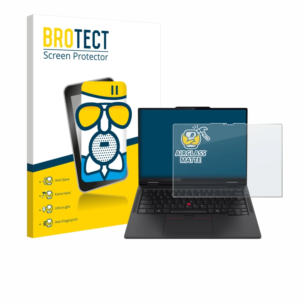 Vorderseite einer Produktverpackung mit dem Markenlogo BROTECT. Daneben ist das Gerät Lenovo ThinkPad T14s 2-in-1 mit dem zuge