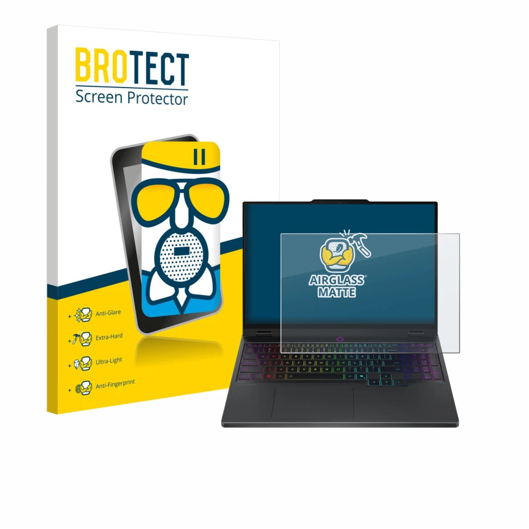 Vorderseite einer Produktverpackung mit dem Markenlogo BROTECT. Daneben ist das Gerät Lenovo Legion 5 15IRX10 83LY mit dem zug