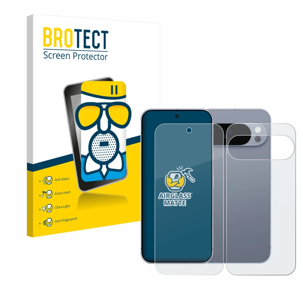 Vorderseite einer Produktverpackung mit dem Markenlogo BROTECT. Daneben ist das Gerät Google Pixel 10 Pro (Display+Rückseite) 