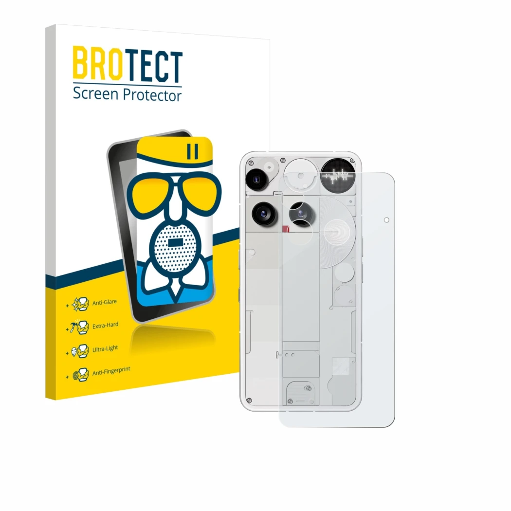 Vorderseite einer Produktverpackung mit dem Markenlogo BROTECT. Daneben ist das Gerät Nothing Phone (3) (Rückseite) mit dem zu