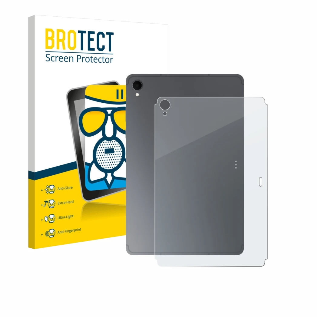 Vorderseite einer Produktverpackung mit dem Markenlogo BROTECT. Daneben ist das Gerät Samsung Galaxy Tab S11 (Rückseite) mit d