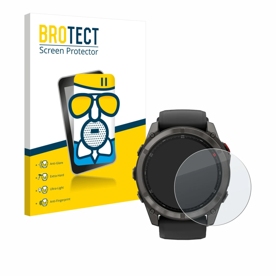 Vorderseite einer Produktverpackung mit dem Markenlogo BROTECT. Daneben ist das Gerät Garmin Fenix 8 Pro AMOLED (51 mm) mit de