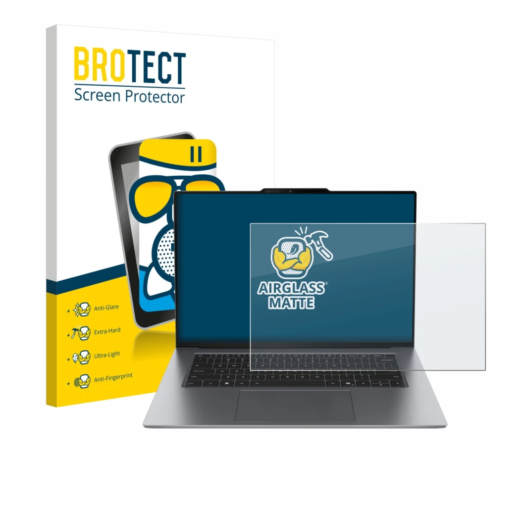 Vorderseite einer Produktverpackung mit dem Markenlogo BROTECT. Daneben ist das Gerät Lenovo ThinkPad X9 14 G1 mit dem zugehör