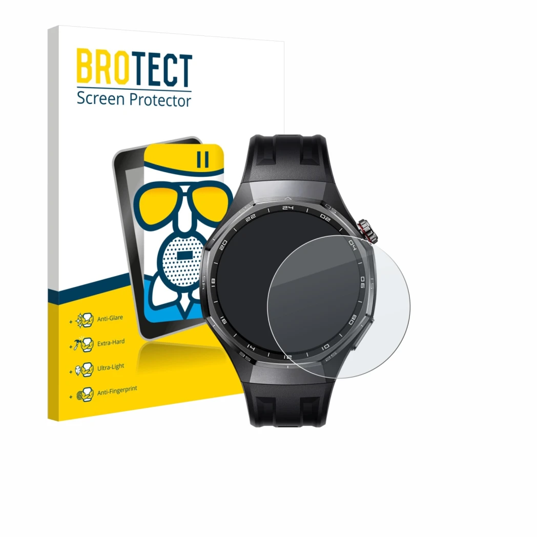 Vorderseite einer Produktverpackung mit dem Markenlogo BROTECT. Daneben ist das Gerät Huawei Watch GT 6 Pro (46 mm) mit dem zu