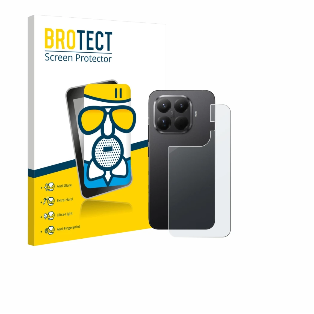 Vorderseite einer Produktverpackung mit dem Markenlogo BROTECT. Daneben ist das Gerät Xiaomi 15T Pro (Rückseite) mit dem zugeh