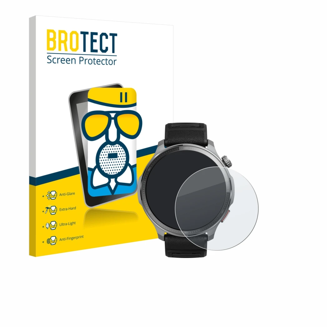 Vorderseite einer Produktverpackung mit dem Markenlogo BROTECT. Daneben ist das Gerät Huami Amazfit Balance 2 XT mit dem zugeh