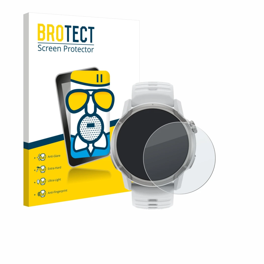 Vorderseite einer Produktverpackung mit dem Markenlogo BROTECT. Daneben ist das Gerät Coros Apex 4 (46 mm) mit dem zugehörigen