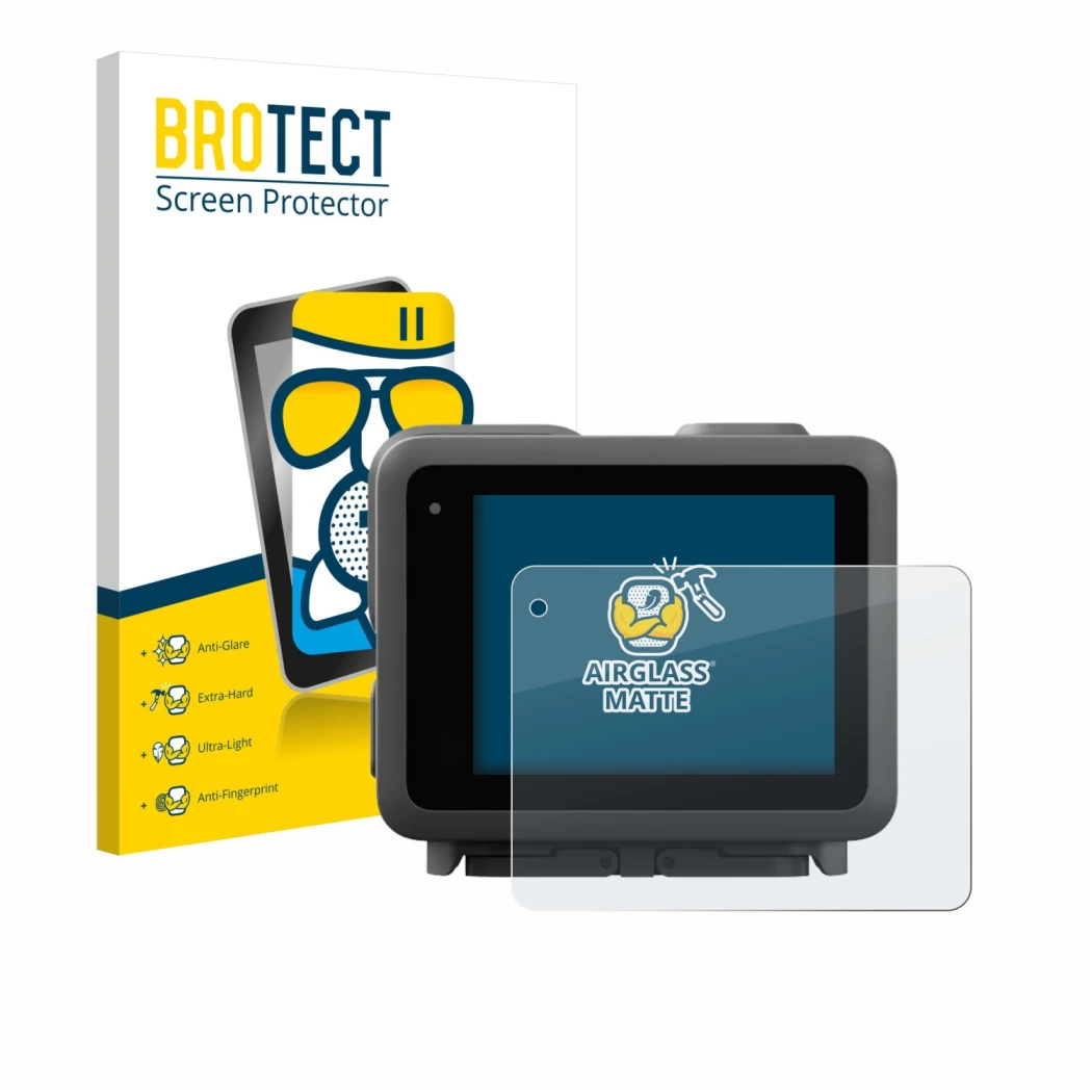 Vorderseite einer Produktverpackung mit dem Markenlogo BROTECT. Daneben ist das Gerät GoPro Lit Hero mit dem zugehörigen Displ