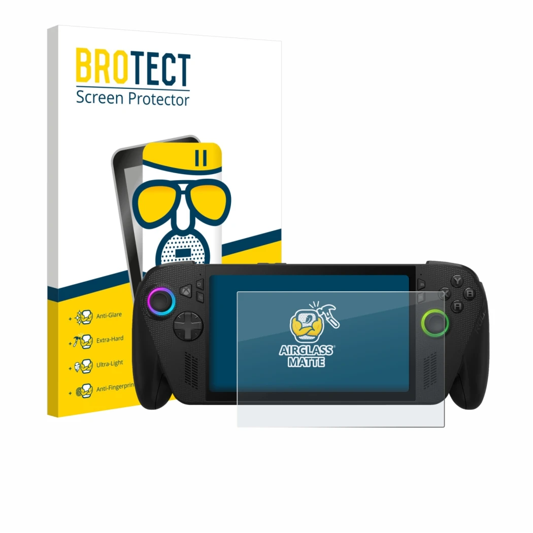 Vorderseite einer Produktverpackung mit dem Markenlogo BROTECT. Daneben ist das Gerät ASUS ROG Xbox Ally X mit dem zugehörigen