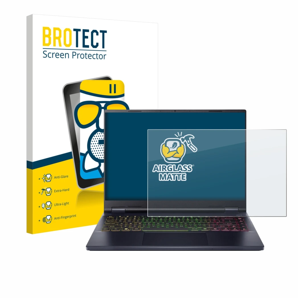 Vorderseite einer Produktverpackung mit dem Markenlogo BROTECT. Daneben ist das Gerät Acer Predator Helios Neo 14 AI mit dem z