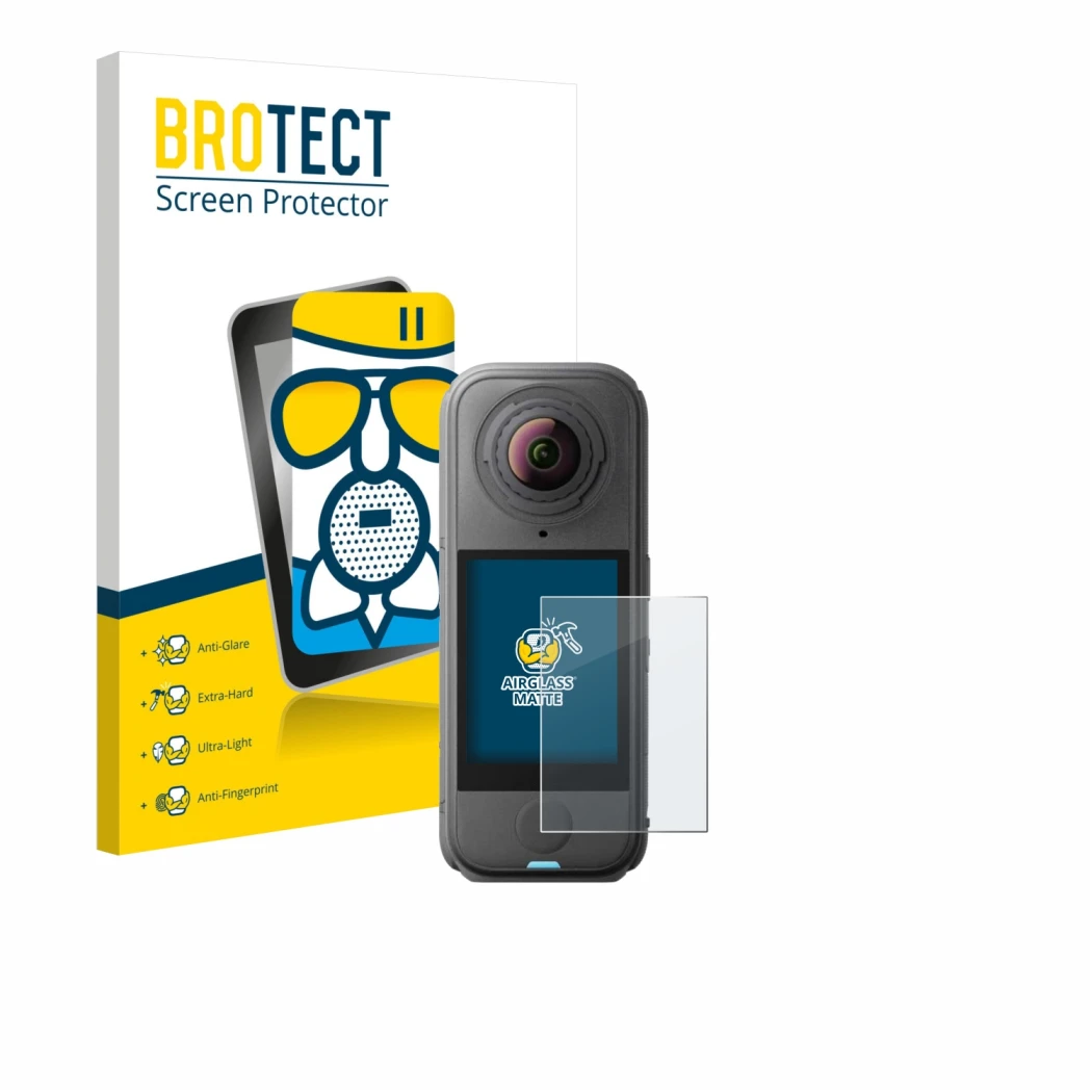 Vorderseite einer Produktverpackung mit dem Markenlogo BROTECT. Daneben ist das Gerät Insta360 X4 Air mit dem zugehörigen Disp