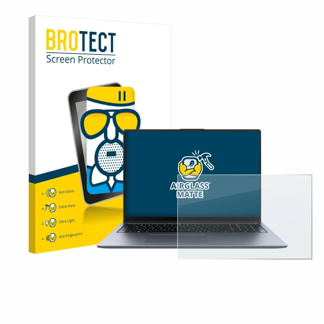 Vorderseite einer Produktverpackung mit dem Markenlogo BROTECT. Daneben ist das Gerät Huawei MateBook D 16 2024 mit dem zugehö