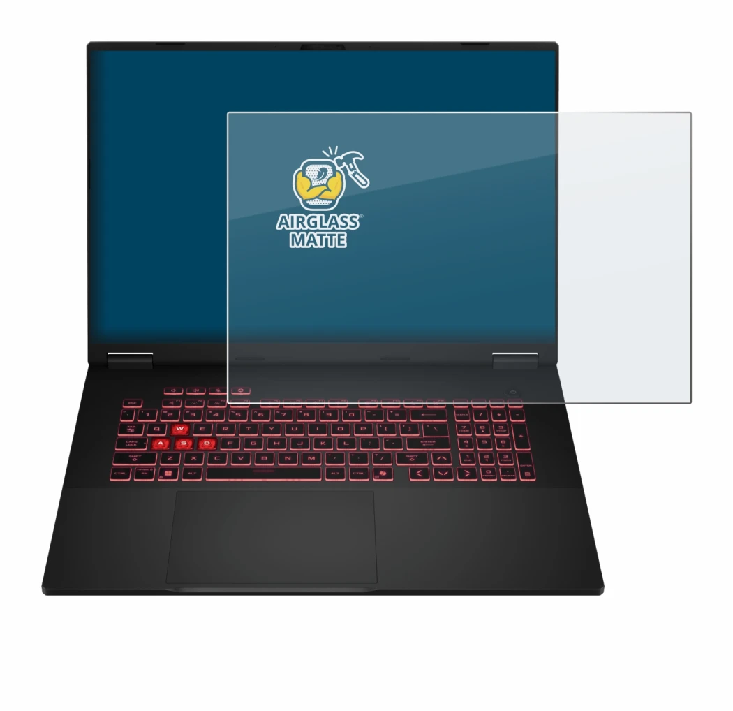 Abbildung des Geräts ASUS TUF Gaming A18 2025 mit einer Vielzahl des Displayschutzes.