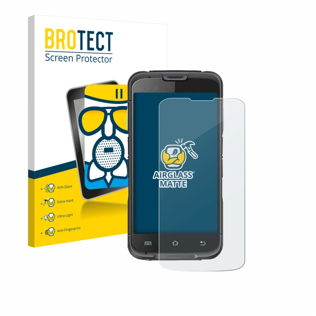 Vorderseite einer Produktverpackung mit dem Markenlogo BROTECT. Daneben ist das Gerät Unitech EA602 mit dem zugehörigen Displa