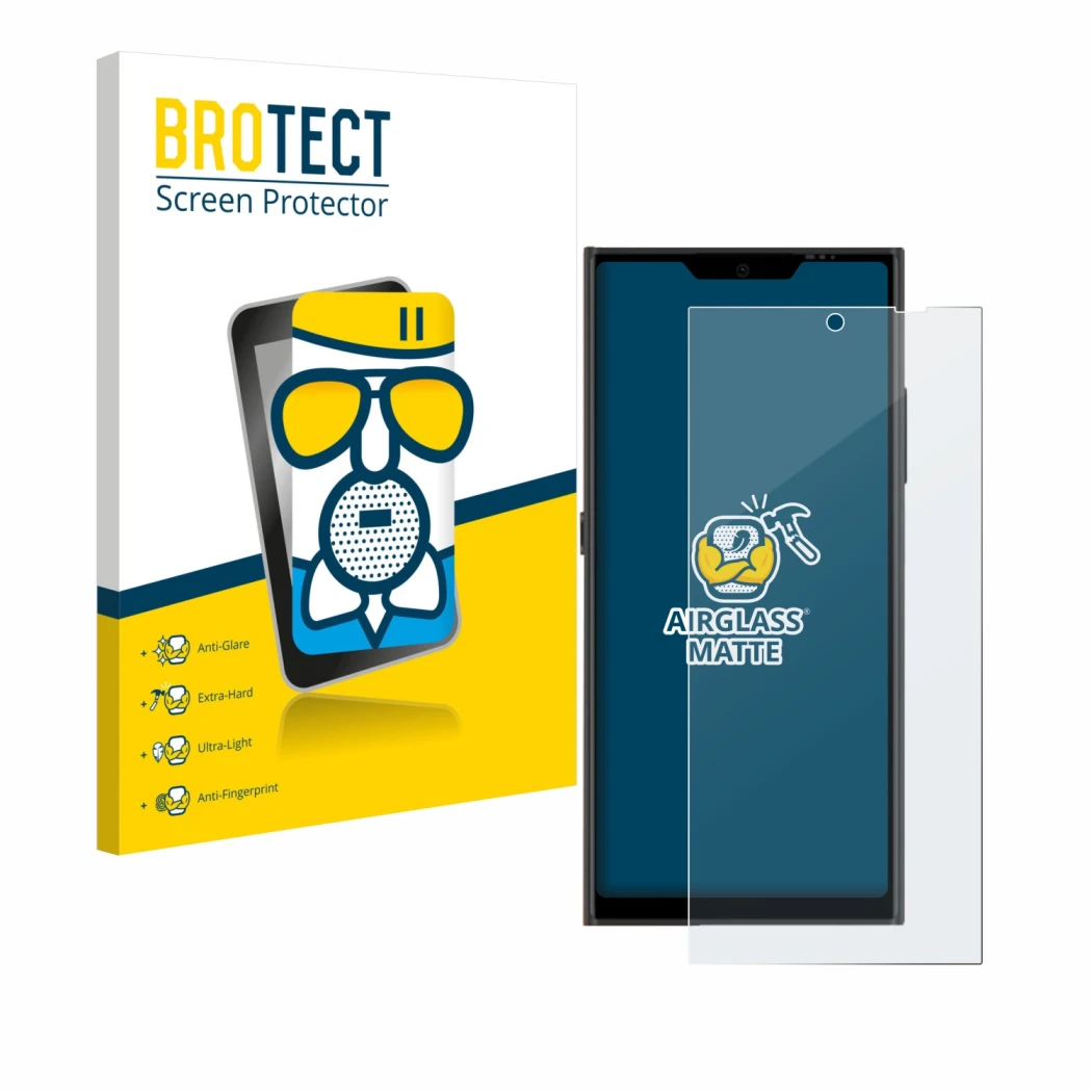 Vorderseite einer Produktverpackung mit dem Markenlogo BROTECT. Daneben ist das Gerät Jolla Phone mit dem zugehörigen Displays