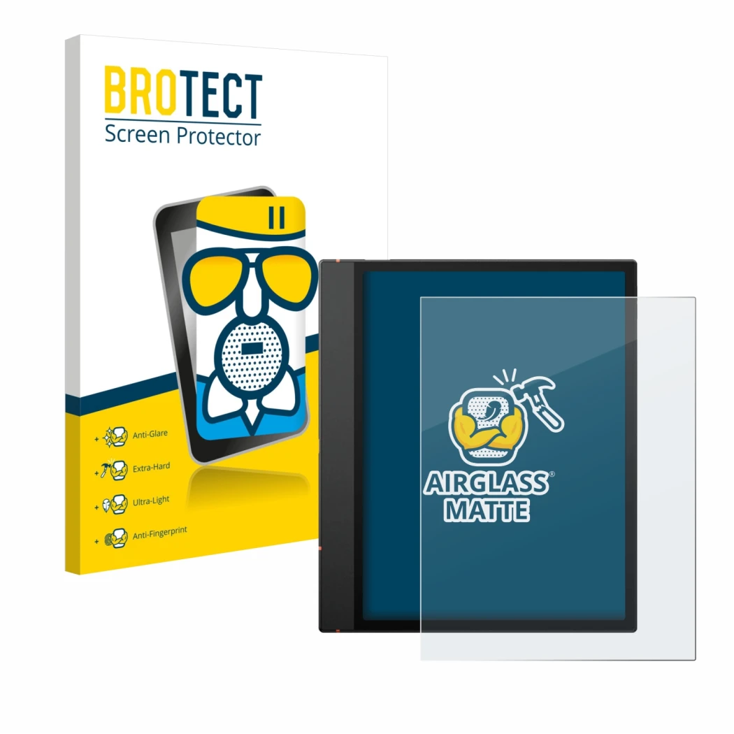 Vorderseite einer Produktverpackung mit dem Markenlogo BROTECT. Daneben ist das Gerät Boox Note Air 5 C mit dem zugehörigen Di