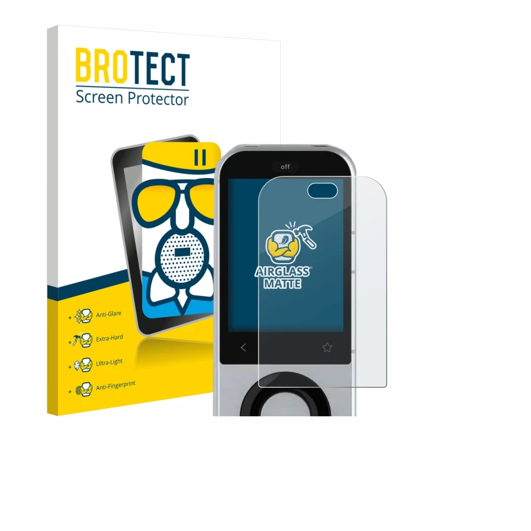 Vorderseite einer Produktverpackung mit dem Markenlogo BROTECT. Daneben ist das Gerät Sofabaton X2 mit dem zugehörigen Display