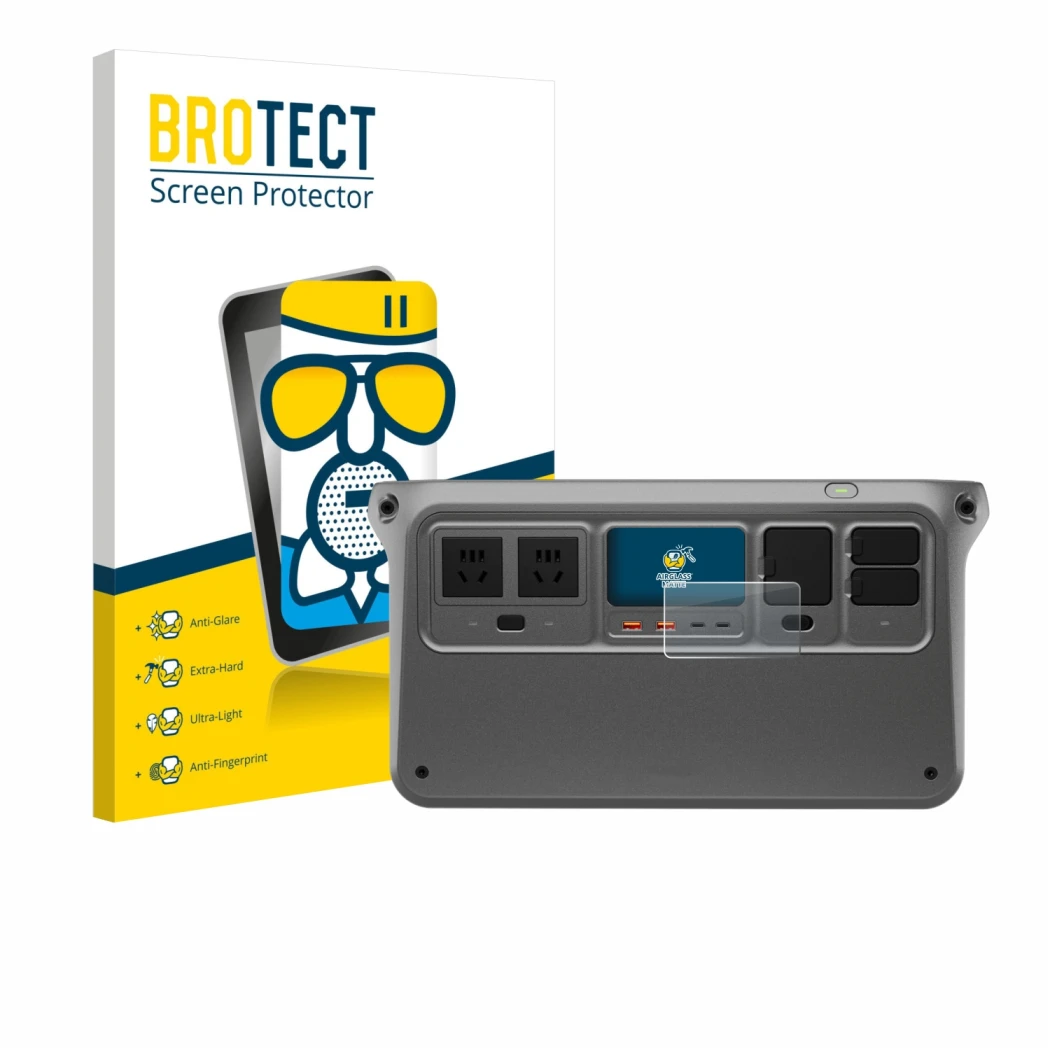 Vorderseite einer Produktverpackung mit dem Markenlogo BROTECT. Daneben ist das Gerät DJI Power 1000 mit dem zugehörigen Displ