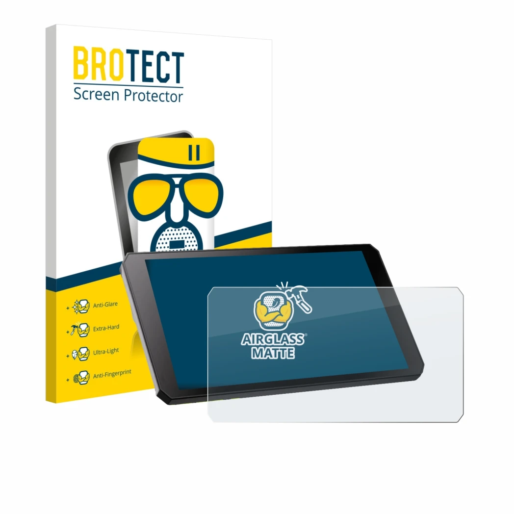 Vorderseite einer Produktverpackung mit dem Markenlogo BROTECT. Daneben ist das Gerät RiderNav R7M mit dem zugehörigen Display