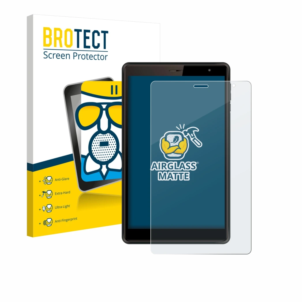 Vorderseite einer Produktverpackung mit dem Markenlogo BROTECT. Daneben ist das Gerät Logicom Tab 80 8