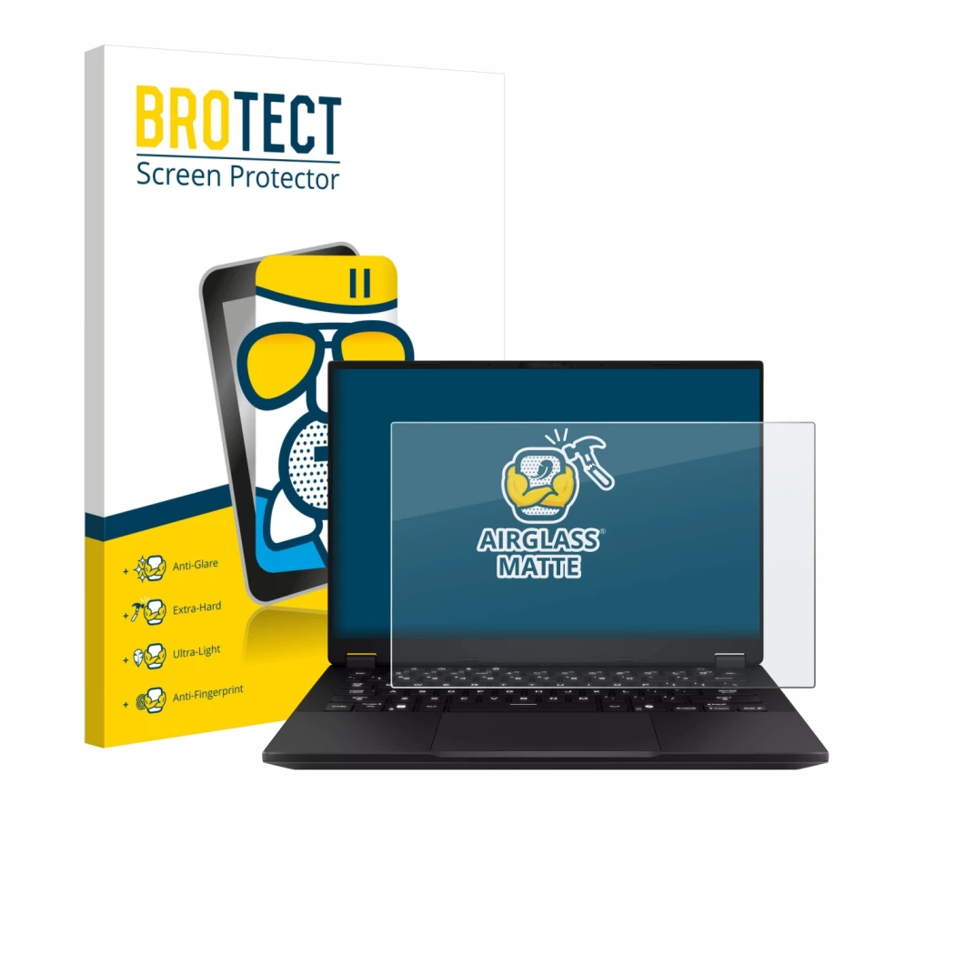 Vorderseite einer Produktverpackung mit dem Markenlogo BROTECT. Daneben ist das Gerät ASUS TUF Gaming A14 mit dem zugehörigen 