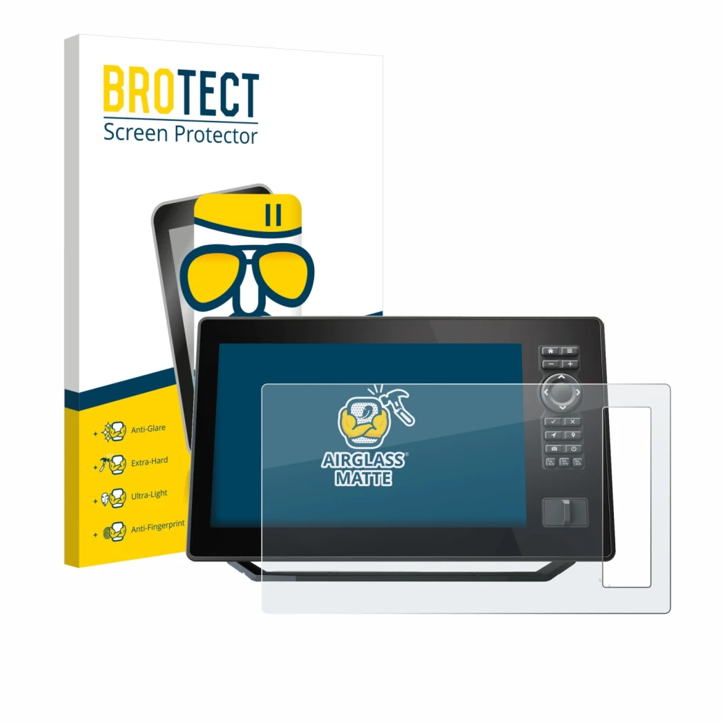 Vorderseite einer Produktverpackung mit dem Markenlogo BROTECT. Daneben ist das Gerät Humminbird Xplore 9 mit dem zugehörigen