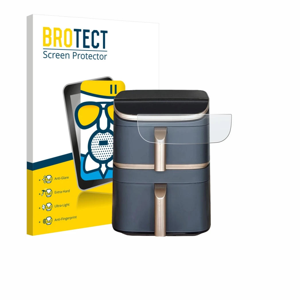 Vorderseite einer Produktverpackung mit dem Markenlogo BROTECT. Daneben ist das Gerät Cosori Turbo Tower Pro mit dem zugehörig