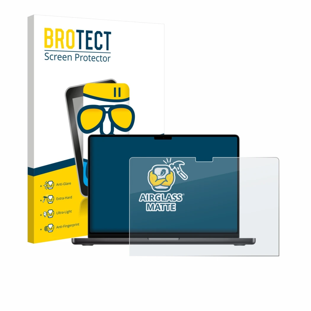 Vorderseite einer Produktverpackung mit dem Markenlogo BROTECT. Daneben ist das Gerät Apple MacBook Pro 14