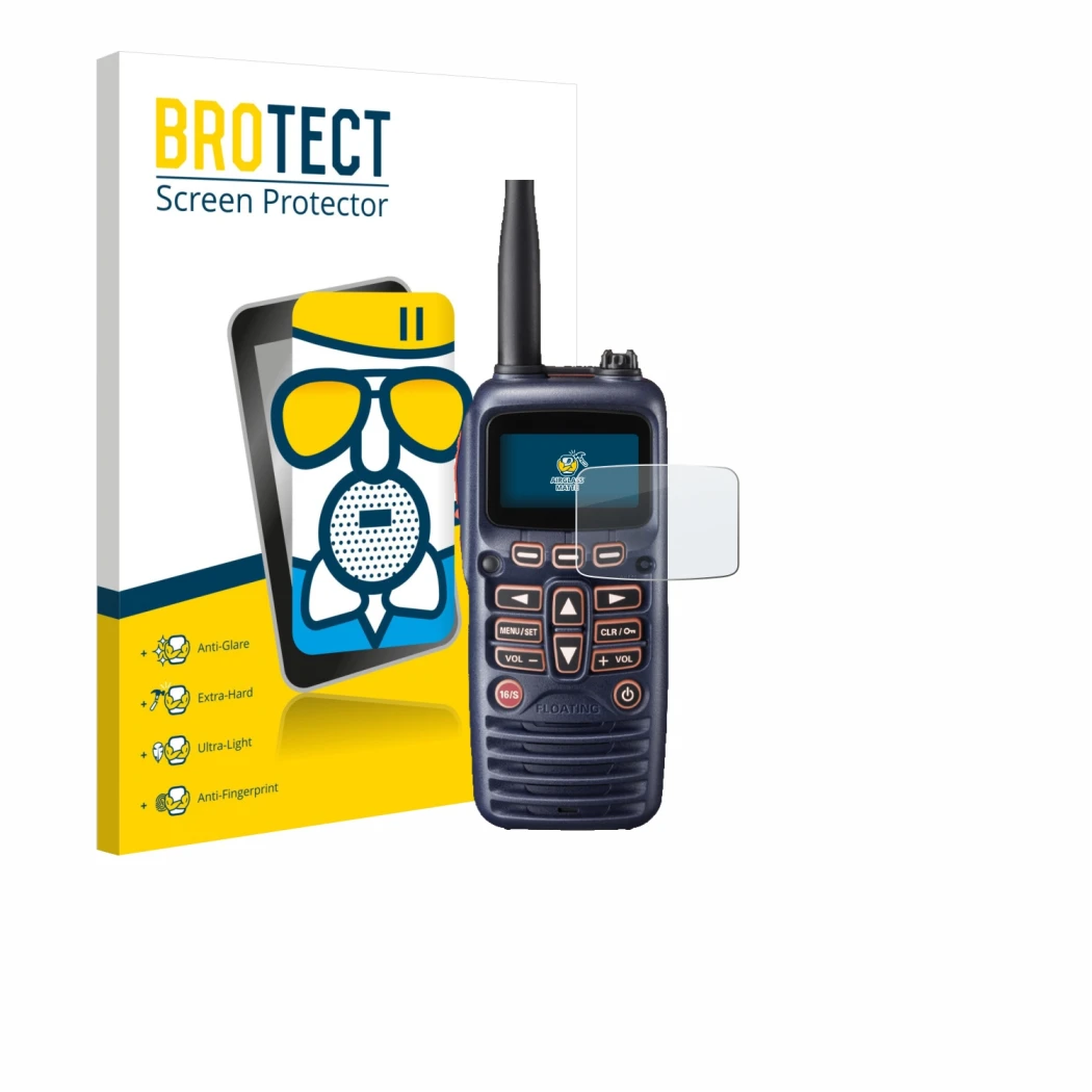 Vorderseite einer Produktverpackung mit dem Markenlogo BROTECT. Daneben ist das Gerät Standard Horizon HX320E mit dem zugehöri