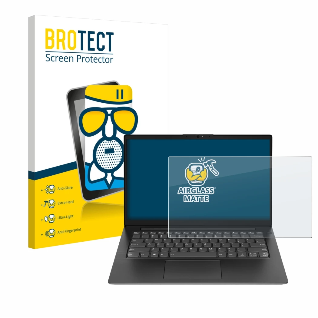 Vorderseite einer Produktverpackung mit dem Markenlogo BROTECT. Daneben ist das Gerät Lenovo V14 Gen 3 mit dem zugehörigen Dis