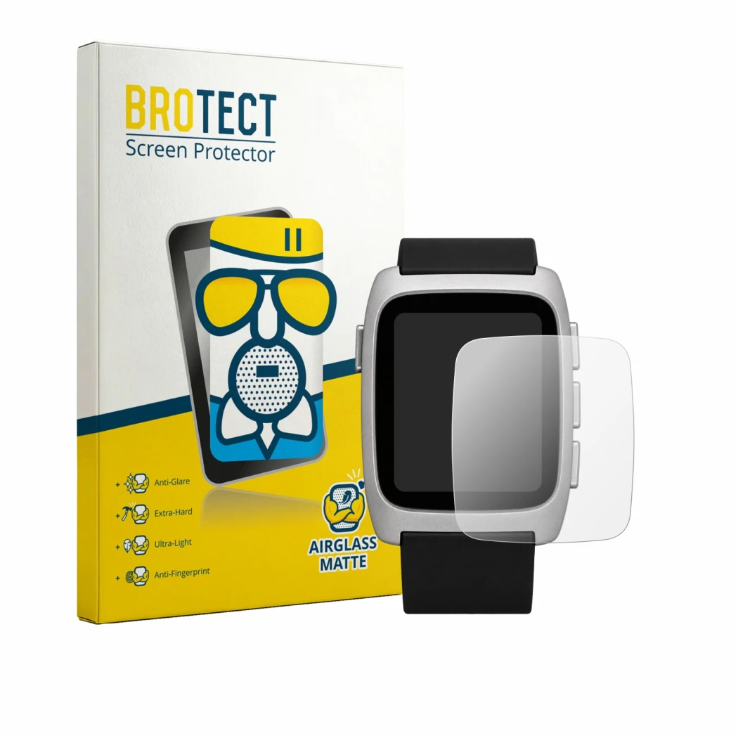 Vorderseite einer Produktverpackung mit dem Markenlogo BROTECT. Daneben ist das Gerät Pebble Time 2 2026 mit dem zugehörigen D