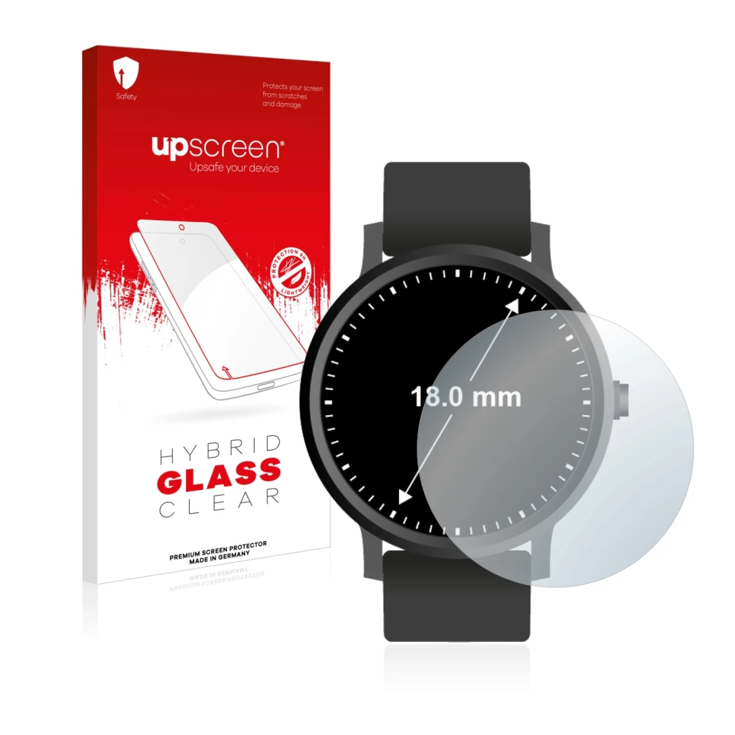 Vorderseite einer Produktverpackung mit dem Markenlogo upscreen. Daneben ist das Gerät Armbanduhren (Kreisrund, ø: 18 mm) mit