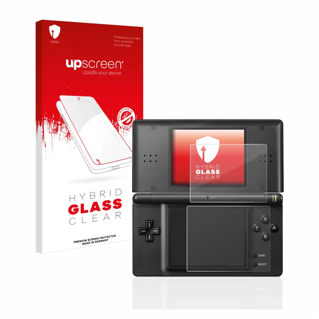 Vorderseite einer Produktverpackung mit dem Markenlogo upscreen. Daneben ist das Gerät Nintendo DS LITE mit dem zugehörigen Di