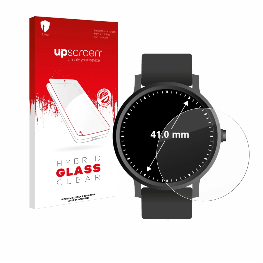 Vorderseite einer Produktverpackung mit dem Markenlogo upscreen. Daneben ist das Gerät Armbanduhren (Kreisrund, ø: 41 mm) mit 