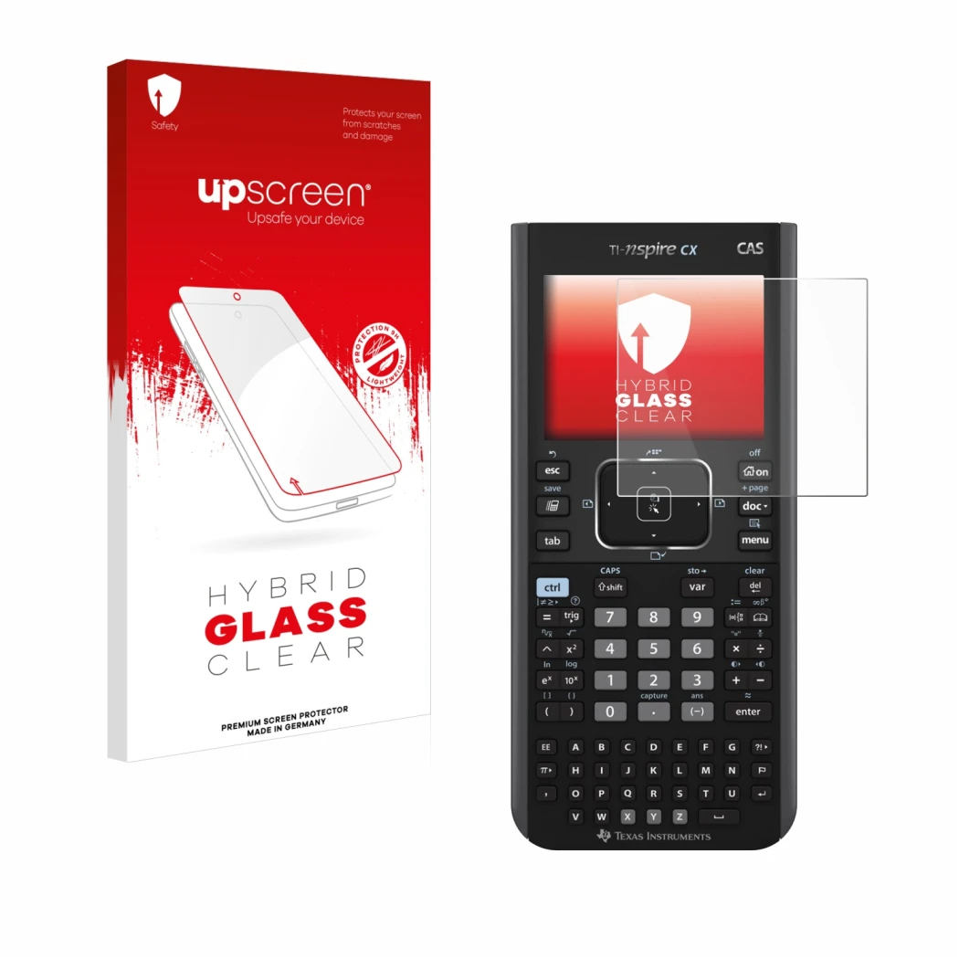 Vorderseite einer Produktverpackung mit dem Markenlogo upscreen. Daneben ist das Gerät Texas Instruments Nspire CX CAS mit dem