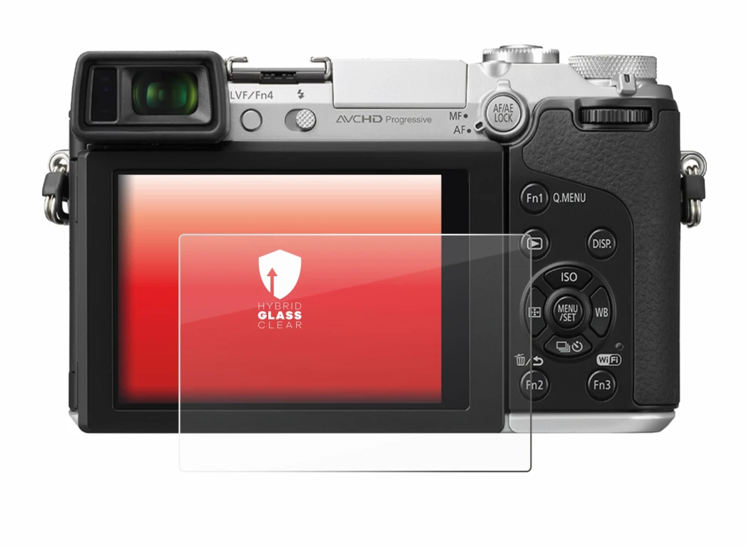Abbildung des Geräts Panasonic Lumix DMC-GX7 mit einer Vielzahl des Displayschutzes.