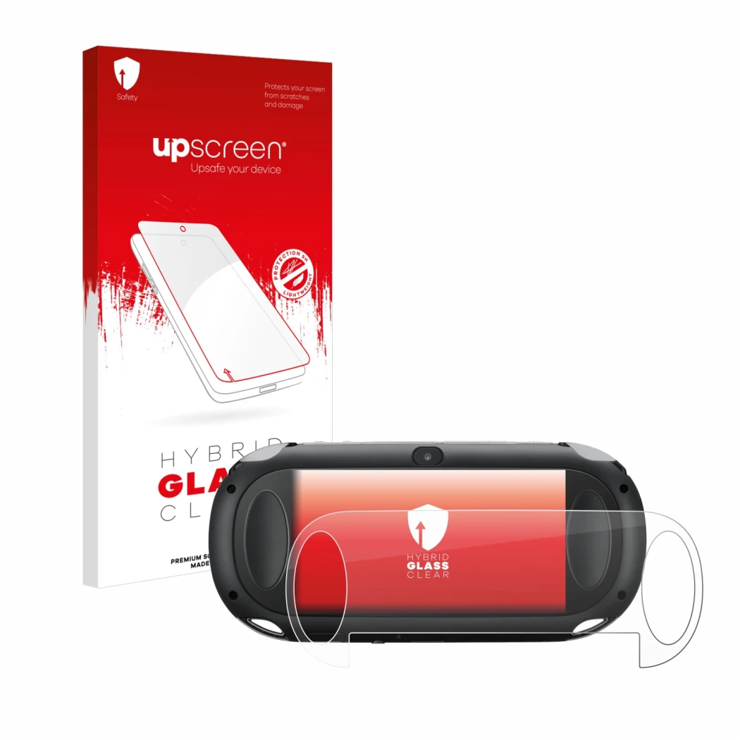 Vorderseite einer Produktverpackung mit dem Markenlogo upscreen. Daneben ist das Gerät Sony Playstation PCH-1000-Serie PS Vita