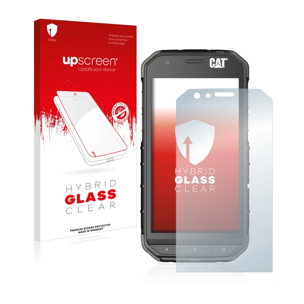 Vorderseite einer Produktverpackung mit dem Markenlogo upscreen. Daneben ist das Gerät Caterpillar Cat S31 mit dem zugehörigen