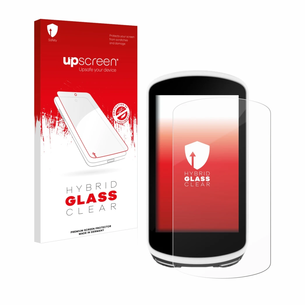 Vorderseite einer Produktverpackung mit dem Markenlogo upscreen. Daneben ist das Gerät Garmin Edge 1030 mit dem zugehörigen Di