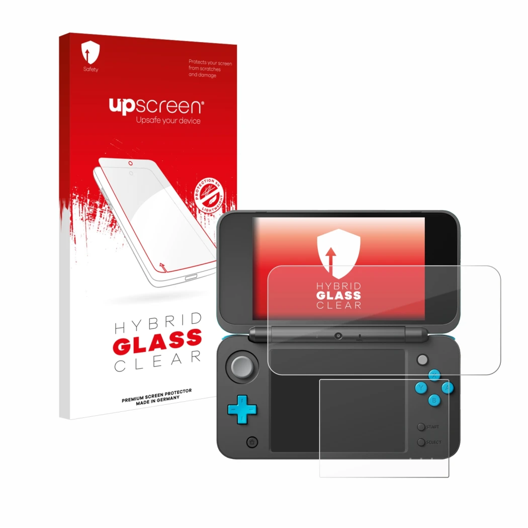 Vorderseite einer Produktverpackung mit dem Markenlogo upscreen. Daneben ist das Gerät New Nintendo 2DS XL mit dem zugehörigen